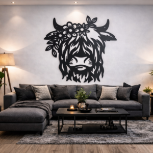 Rustic Charm Floral Highland Cow Metal Wall Art